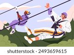 People in helmet climb in rope park with zipline. Excited friends ride on zip line. Characters overcome challenges, walk obstacle course in forest. Summer active recreation. Flat vector illustration