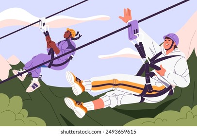 People in helmet climb in rope park with zipline. Excited friends ride on zip line. Characters overcome challenges, walk obstacle course in forest. Summer active recreation. Flat vector illustration