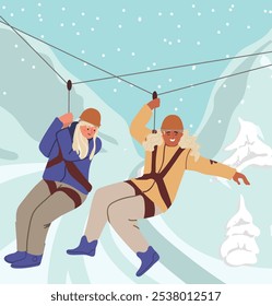 People in helmet climb in rope park with zipline. Excited friends ride on zip line. Characters overcome challenges, walk obstacle course in mountain. Winter active recreation. Flat vector illustration