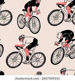 People in helmets, sport suits riding bicycles. Various positions. Cyclists in movement set. Ride, cycling, bicycle, sport concept. Hand drawn modern Vector illustration. Square seamless Pattern