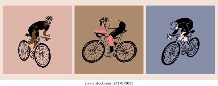 People in helmets, sport suits riding bicycles. Various positions. Cyclists in movement set. Ride, cycling, bicycle, sport concept. Hand drawn modern Vector illustration. Isolated design elements