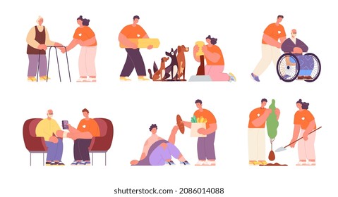 People help. Caring at elderly, volunteers community. Support animal, children and old. Volunteer nurses walking with disabled seniors, utter vector characters