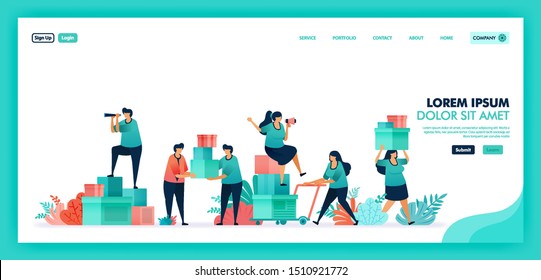 People help each other, Collect donations and funds to help others, Platform to volunteers collaborate for collect and distribute help box to disaster or poor victims. Flat illustration vector design.