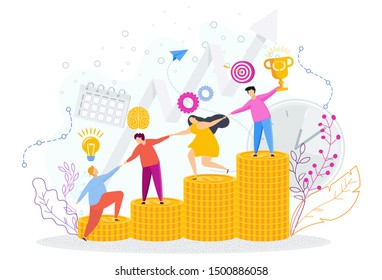 People help each other on ladder of financial success. Team of like-minded people strives for a result. Employees of the financial department, accounting. Business metaphor. Flat cartoon illustration.