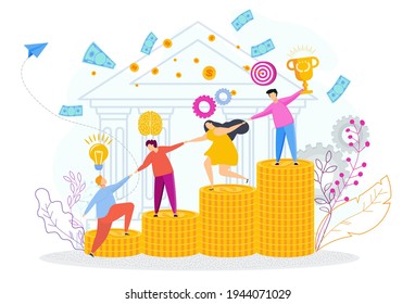 People help each other on ladder of financial success. Team of like-minded people strives for a result. Employees of the financial department, accounting. Business metaphor. Flat cartoon illustration.