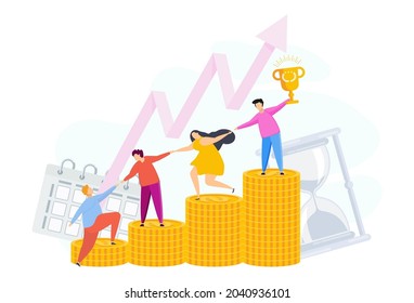 People help each other on ladder of financial success. Team of like-minded people strives for a result. Employees of the financial department, accounting. Business metaphor. Flat cartoon illustration.