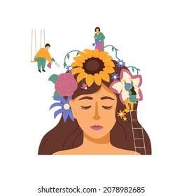 People help to grow flowers on womans head - flat vector illustration isolated on white background. Concept of psychological or psychotherapeutic help.