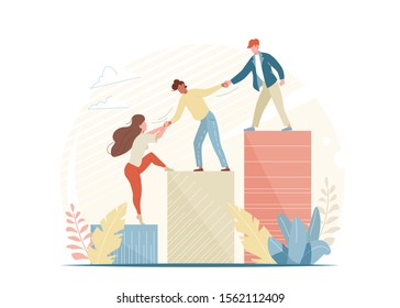 People Help And Grow Together. Business Woman And Man Climb Up Ladder. Teamwork Concept Illustration Isolated On White Background.