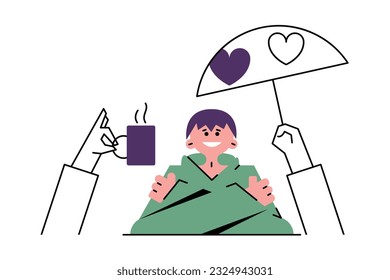 La gente ayuda al hombre en una situación de vida difícil, dándole té. Concepto de donaciones y caridad. Ayudar a otras personas gratis. Juventud activa social. Ilustración plana vectorial en colores verdes