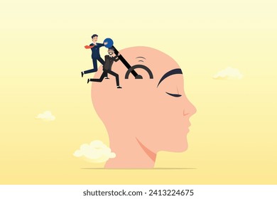 People help shifting or switch gear on human brain, change mindset, attitude or control mind, perception or thought, improve or develop thinking process, belief or optimistic thinking (Vector)