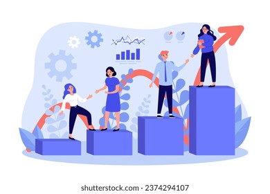 People helping colleagues with career growth vector illustration. Cartoon drawing of employees on different stages to success. Business training, education, teamwork, assistance concept