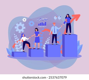 People helping colleagues with career growth vector illustration. Cartoon drawing of employees on different stages to success. Business training, education, teamwork, assistance concept