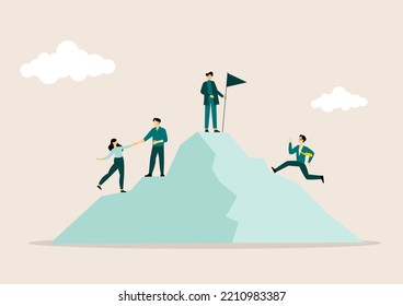 people helping each other hike up a mountain and celebrating. Business, teamwork, success, help and goal concept. vector illustration concept.
