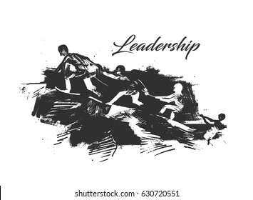 People helping each-other hike up a mountain, Giving a helping hand, and active fit lifestyle concept, Hand Drawn Sketch Vector illustration.