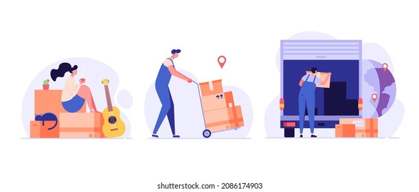 People are helping to move to a new home. Concept of moving service, new house, apartment. Movers moving in new home. Vector illustration for Web Design