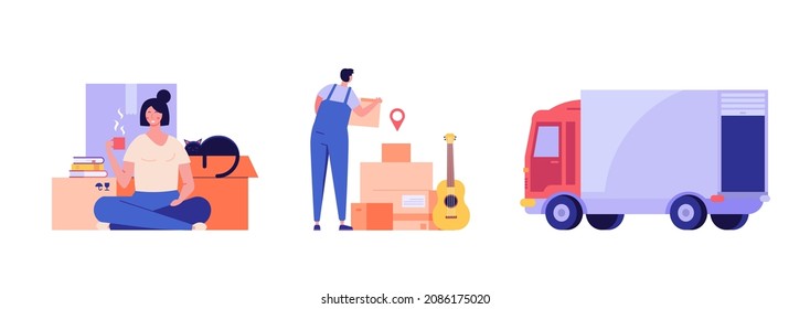 People are helping to move to a new home. Concept of moving service, new house, apartment. Movers moving in new home. Vector illustration for Web Design