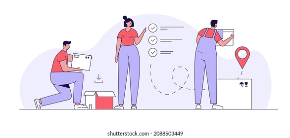 People are helping to move to a new home. Concept of moving service, new house, apartment. Movers moving in new home. Vector illustration for Web Design