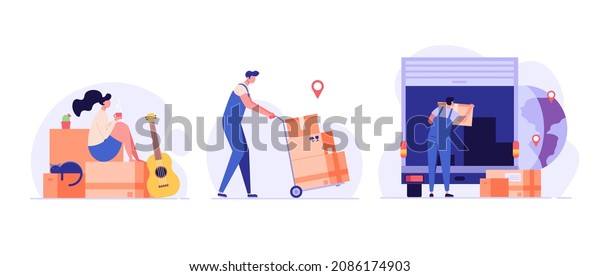 People are helping to move to a new home.\
Concept of moving service, new house, apartment. Movers moving in\
new home. Vector illustration for Web\
Design