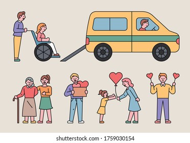 People are helping others in many ways. flat design style minimal vector illustration.