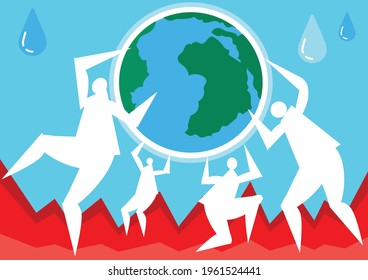 People are helping to protect the world, Trendy flat illustration. Men and women are holding a globe, Symbol of volunteering. Save the planet, Template for your design works, Vector graphics