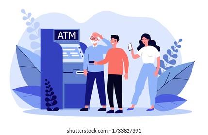 People helping senior man at ATM. Puzzled grandpa, credit card, mobile app using flat vector illustration. Old people support, banking concept for banner, website design or landing web page