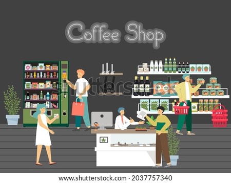People in hemp shop, CBD store, cannabis dispensary, flat vector illustration. Weed joint smoking accessories.