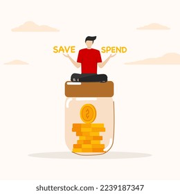 People hesitate to sit on savings balance options save or spend. Money decision, save or spend, choose to invest or pay off debt concept, financial options when receiving bonus or extra money.