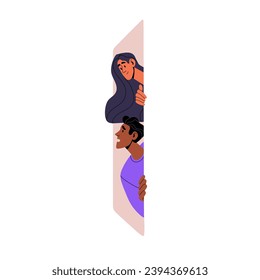 People hide behind wall, look out. Interested happy woman peeking outside. Anxious man with sad shocked face staring. Curious person examining. Curiosity flat isolated vector illustration on white