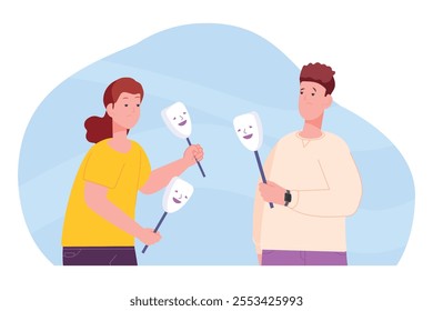 People hide emotions. Man woman couple hiding emotion under mask, personality upset friends hypocrisy concept face expression disguise fake pretending liar vector illustration original artwork