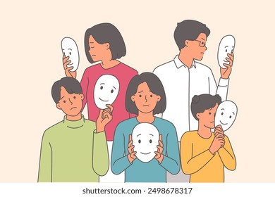 People hide negative emotions behind masks with smile to hide mood and pretend to be happy team. Concept of problem of faking emotions in society caused by condemnation of pessimism