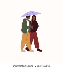 People hide from rain under umbrella during walk together. Characters in autumn outwears stroll at rainy weather with parasol, canopy outdoors. Flat isolated vector illustration on white background