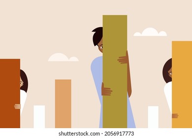 People hiding behind pillars and looking with one eye