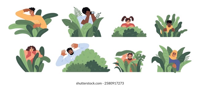 People hiding in bushes. Guys and girls watching from shelter, spying, surveillance and peeping, curious characters watching, vector set