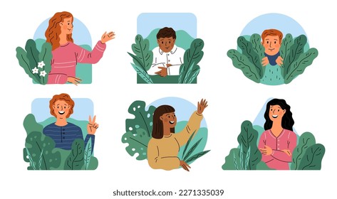 People hiding in bushes. Spies peeping through foliage. Funny guys and girls in plant greenery. Different frames. Peeking out characters. Persons portraits. Green leaves