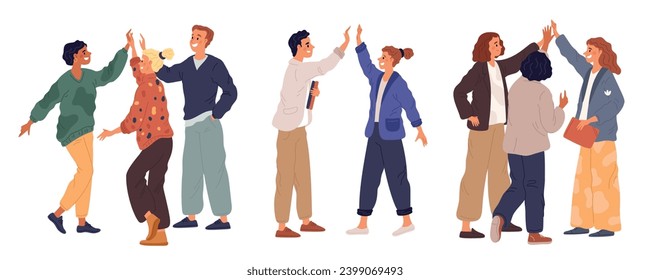 People high five. Friends clap their hands. Successful work. Emotional gesture. Cheerful positive team. Collogues cooperation. Employees communication. Victory rejoice