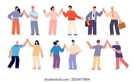 People high five. Friendship, cartoon women clapping hands. Happy friends gestures, business celebrating success. People claps utter vector set