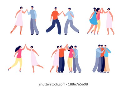 People high five. Social communication, friends celebrating or greetings meeting. Fun friendship, isolated teenagers group utter vector set