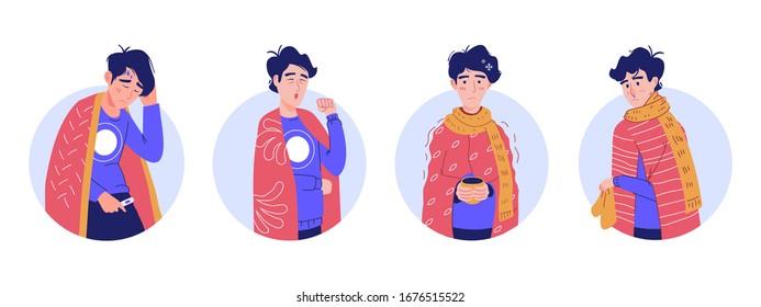People with a high temperature, fever, cough, runny nose. Epidemic disease vector characters icons. Sick man with Coronavirus disease symptom - fever. Man with a cold sign, respiratory viral infection