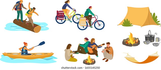 People in hike or camping. Crossing the river by log, couple in bike camping, woman kayaking, group of friends around campfire with guitar, tent, hammock, camping utensils. Flat vector.