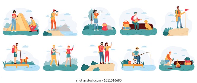 People hikers. Active hiking tourists, outdoor activity camping trip, male and female tourists adventure travel vector illustration set. Characters fishing, pitching tent, playing guitar