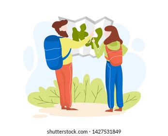 People hiking with backpack. Travel and adventure on the nature. Hiker on a trip looking on the map. Isolated vector illustration in cartoon style