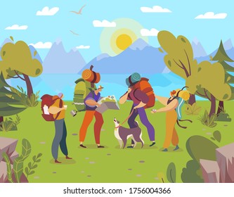 People hiking with backpacks, cartoon characters trekking in nature, outdoor adventure, vector illustration. Group of friends travel with dog, active lifestyle recreation. Route to mountains in summer