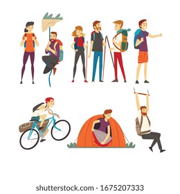 Gente con mochilas de senderismo involucradas en el conjunto de ilustraciones vectoriales de turismo activo. Caminar durante las vacaciones