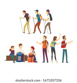 People with Hiking Backpacks Engaged in Active Tourism Vector Illustrations Set. Walking Journey During Vacation