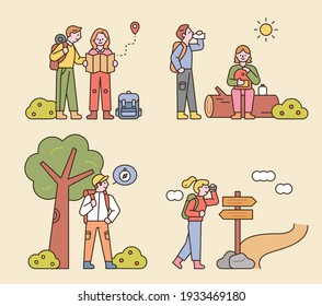 People are hiking with backpacks. Looking at the map, sitting on a log, looking for directions. flat design style minimal vector illustration.