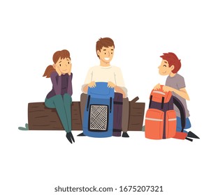 People with Hiking Backpacks Sitting on Log in the Forest Vector Illustration