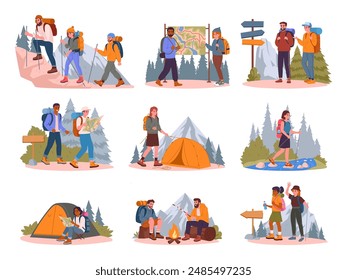 Personas senderismo y camping. Aventura al aire libre, senderismo y mochilero, personajes activos trekking, tienda de campaña y navegar por el terreno conjunto de Ilustración vectorial plana. Colección de escenarios turísticos