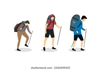 People are hiking carrying trekking poles and hiking backpacks, bundle of a man dressed as hiker. Flat vector illustration of mountain climbers with a white background