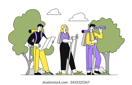 Gente haciendo garabatos. Estilo de vida activo y vacaciones. Viajeros y turistas en el bosque con mochilas y mapa en las manos. Amigos pasando tiempo juntos al aire libre. Ilustración simple del vector plano