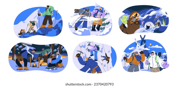 People with hiking equipment climbing on top of mountain. Tourists rest near campfire in camping. Winter travel in snow nature. Group of hikers trekking. Flat isolated vector illustration on white